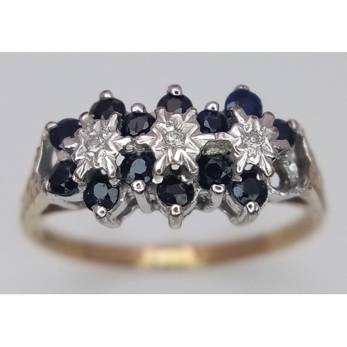 681 - A Vintage 9K Yellow Gold Sapphire and Diamond Ring. Missing one sapphire. Size P. 2.3g total weight.