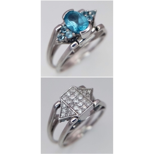 264 - A 9K WHITE GOLD DIAMOND CLUSTER WHICH FLIPS OVER TO BECOME A TOPAZ CLUSTER RING 2 RINGS IN ONE BEAUT... 