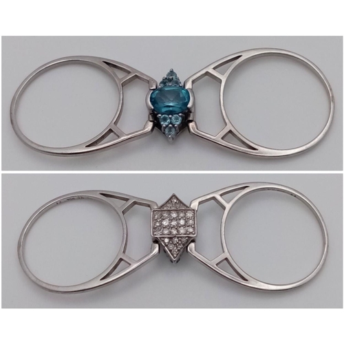 264 - A 9K WHITE GOLD DIAMOND CLUSTER WHICH FLIPS OVER TO BECOME A TOPAZ CLUSTER RING 2 RINGS IN ONE BEAUT... 