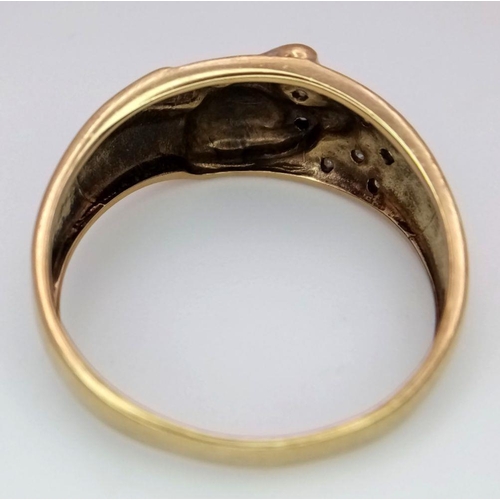 297 - A Vintage Hallmarked 9 Carat Gold and Diamond Set Panther Detailed Ring Size V. The Ring Measures 1.... 