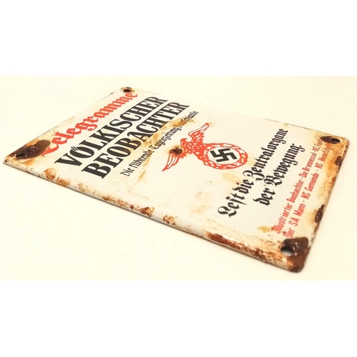 370 - A 3rd Reich Small Enamel Sign Advertising the NSDAP Propaganda News Paper “Völkischer Beobachter” (N... 