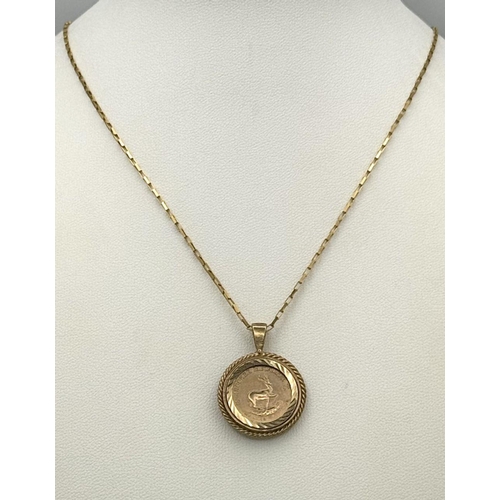 494 - A Mint State, 1999 Dated, Gold Krooker Metalior Coin in a 9 Carat Gold Mount on 9 Carat Gold Chain. ... 