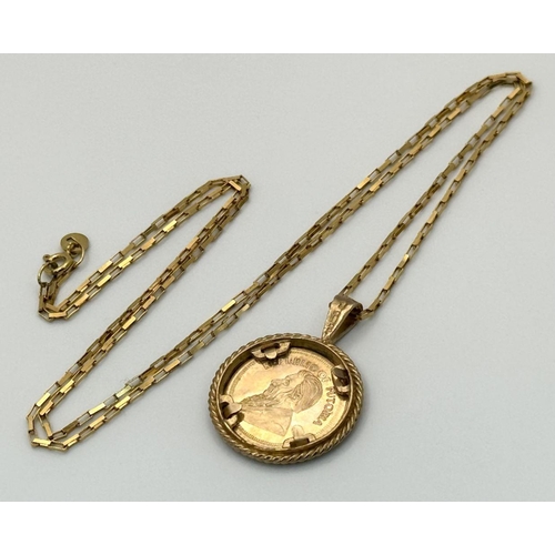 494 - A Mint State, 1999 Dated, Gold Krooker Metalior Coin in a 9 Carat Gold Mount on 9 Carat Gold Chain. ... 