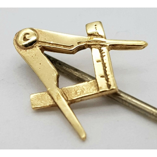 501 - A Vintage 9 Carat Yellow Gold Masonic Stick Pin-4cm Length. Weight 0.57 Grams.