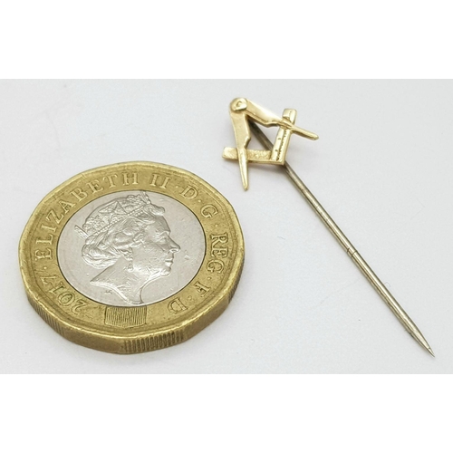 501 - A Vintage 9 Carat Yellow Gold Masonic Stick Pin-4cm Length. Weight 0.57 Grams.