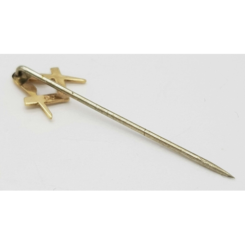 501 - A Vintage 9 Carat Yellow Gold Masonic Stick Pin-4cm Length. Weight 0.57 Grams.