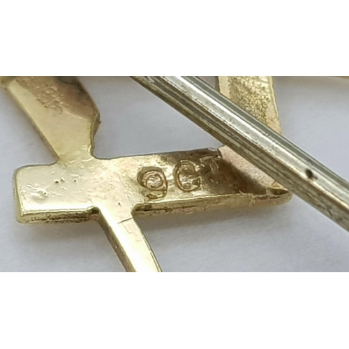 501 - A Vintage 9 Carat Yellow Gold Masonic Stick Pin-4cm Length. Weight 0.57 Grams.