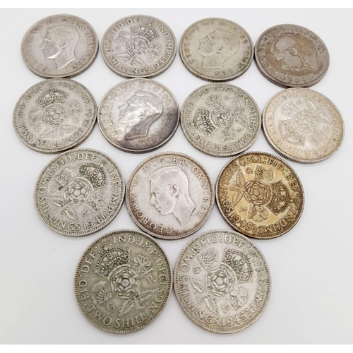 648 - A Parcel of Thirteen Pre-1947 Silver Florins. Comprising 2 x 1940, 3 x1941, 2 x 1943, 4 x 1944 & 2 x... 