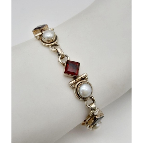 662 - A Vintage Sterling Silver Garnet & Pearl Tennis Bracelet. 18cm Length. Set with Square Cut Garnets a... 