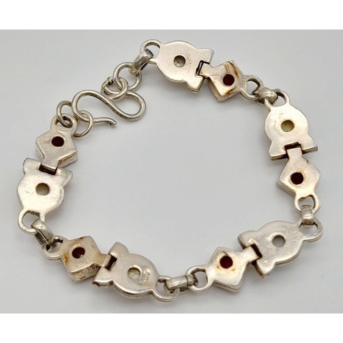 662 - A Vintage Sterling Silver Garnet & Pearl Tennis Bracelet. 18cm Length. Set with Square Cut Garnets a... 