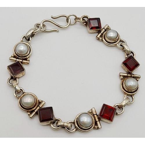 662 - A Vintage Sterling Silver Garnet & Pearl Tennis Bracelet. 18cm Length. Set with Square Cut Garnets a... 