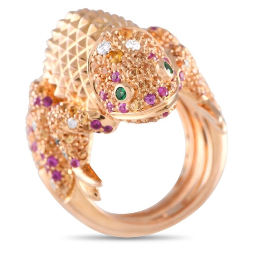 536 - A Boucheron 18K Rose Gold Diamond and Pink Sapphire Chameleon Ring. Textured 18K Rose Gold and a dou... 