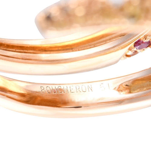 536 - A Boucheron 18K Rose Gold Diamond and Pink Sapphire Chameleon Ring. Textured 18K Rose Gold and a dou... 