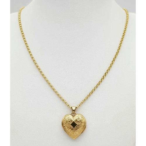 113 - A NICELY DECORATED 9K GOLD LOCKET ON A 45cms 9K GOLD BELCHER LINK NECK CHAIN .        9.4gms