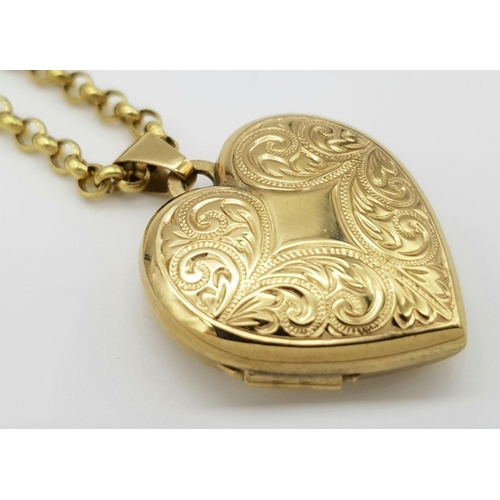 113 - A NICELY DECORATED 9K GOLD LOCKET ON A 45cms 9K GOLD BELCHER LINK NECK CHAIN .        9.4gms