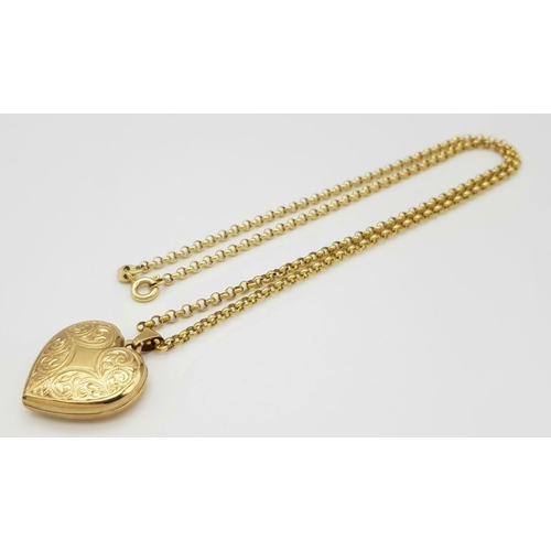 113 - A NICELY DECORATED 9K GOLD LOCKET ON A 45cms 9K GOLD BELCHER LINK NECK CHAIN .        9.4gms