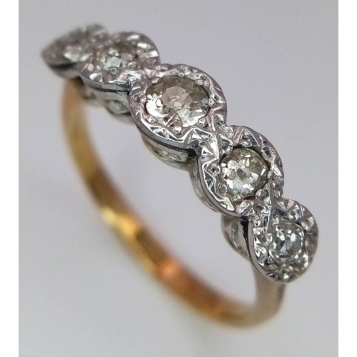 198 - AN VINTAGE 18K GOLD 5 STONE DIAMOND RING IN ITS ORIGINAL BOX .    3gms    size O