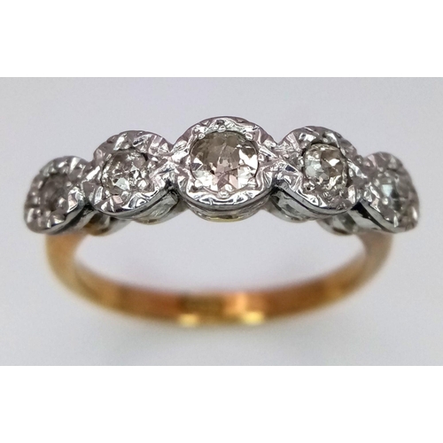 198 - AN VINTAGE 18K GOLD 5 STONE DIAMOND RING IN ITS ORIGINAL BOX .    3gms    size O