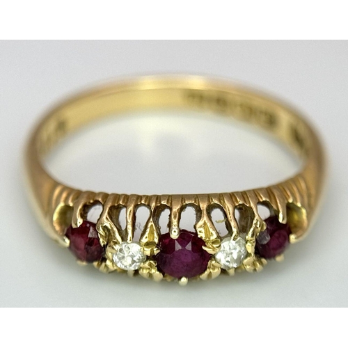 226 - A VINTAGE 18K GOLD RUBY AND DIAMOND RING .   4gms    size P