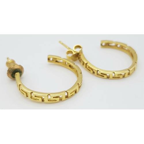 240 - A PAIR OF 14K GOD EARRINGS WITH GREEK STYLE PATTERN .    3.5gms