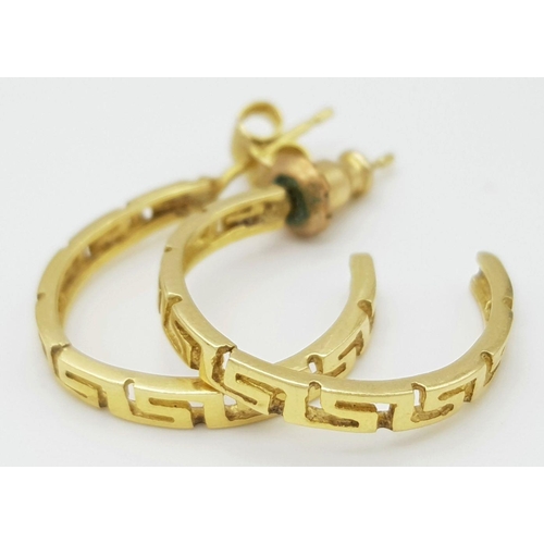 240 - A PAIR OF 14K GOD EARRINGS WITH GREEK STYLE PATTERN .    3.5gms