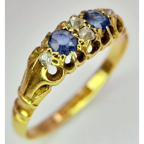 489 - A VINTAGE 18K GOLD SAPPHIRE AND DIAMOND RING .    2.7gms     size L