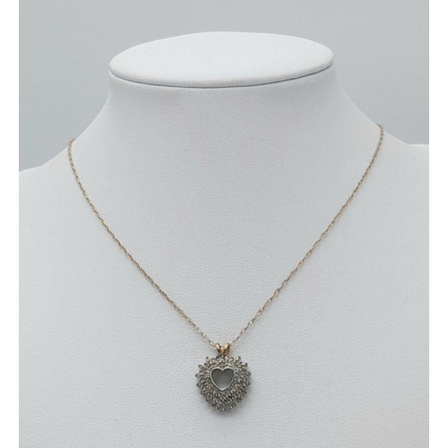 557 - A Stunning Vintage 9 Carat Gold Diamond Set Heart Pendant Necklace. 50cm Length Double Link Chain. P... 