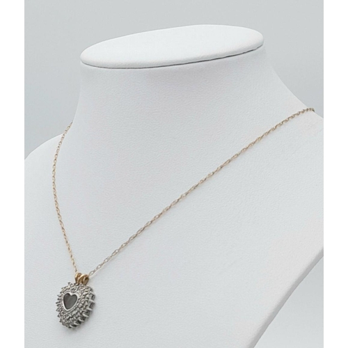 557 - A Stunning Vintage 9 Carat Gold Diamond Set Heart Pendant Necklace. 50cm Length Double Link Chain. P... 