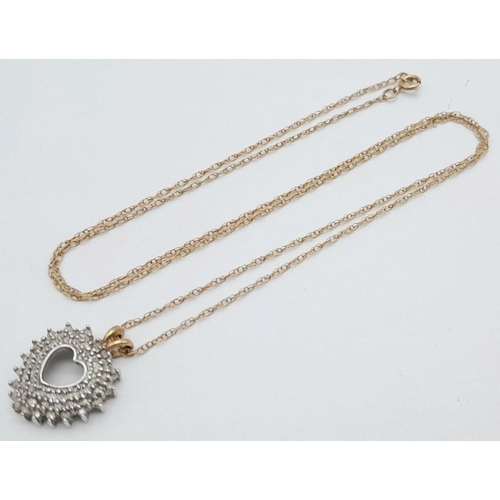 557 - A Stunning Vintage 9 Carat Gold Diamond Set Heart Pendant Necklace. 50cm Length Double Link Chain. P... 