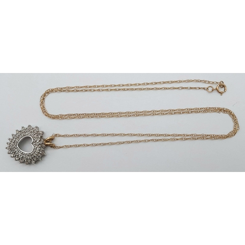 557 - A Stunning Vintage 9 Carat Gold Diamond Set Heart Pendant Necklace. 50cm Length Double Link Chain. P... 