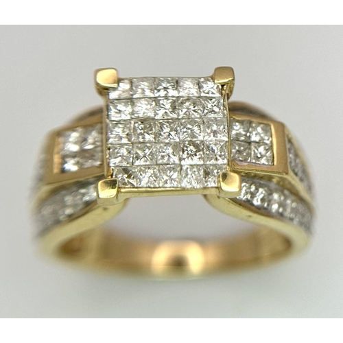 25 - A 14K YELLOW GOLD DIAMOND CLUSTER RING WITH DIAMOND SET SHOULDERS. 1.25CT. 5.9G. SIZE O. TAN6014