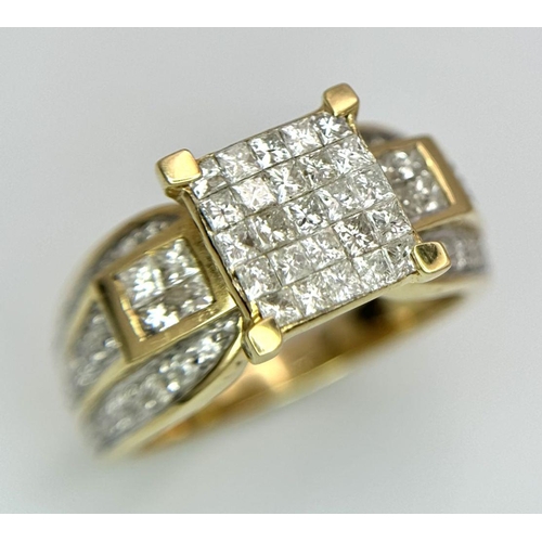 25 - A 14K YELLOW GOLD DIAMOND CLUSTER RING WITH DIAMOND SET SHOULDERS. 1.25CT. 5.9G. SIZE O. TAN6014