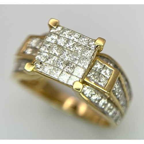 25 - A 14K YELLOW GOLD DIAMOND CLUSTER RING WITH DIAMOND SET SHOULDERS. 1.25CT. 5.9G. SIZE O. TAN6014