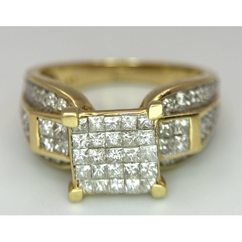 25 - A 14K YELLOW GOLD DIAMOND CLUSTER RING WITH DIAMOND SET SHOULDERS. 1.25CT. 5.9G. SIZE O. TAN6014