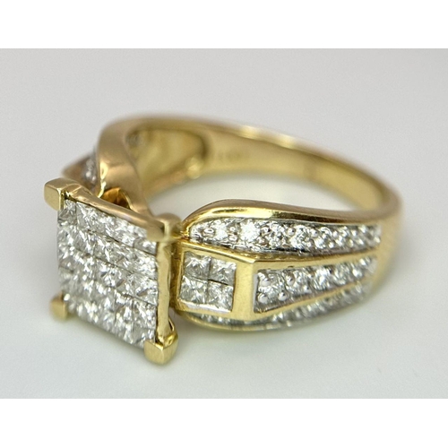 25 - A 14K YELLOW GOLD DIAMOND CLUSTER RING WITH DIAMOND SET SHOULDERS. 1.25CT. 5.9G. SIZE O. TAN6014