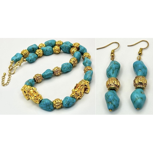 283 - A Chinese turquoise coloured necklace and earrings set with gold plated “pixious” and “good luck” be... 