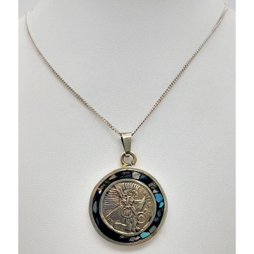 634 - A Vintage Silver and Abalone/Paua Shell Aztec or Mayan Design Pendant Necklace. Makers Inscription o... 