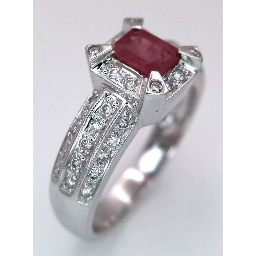 80 - AN 18K WHITE GOLD, DIAMOND AND RUBY CLUSTER RING. 4.5G. SIZE N. JR10