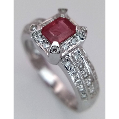 80 - AN 18K WHITE GOLD, DIAMOND AND RUBY CLUSTER RING. 4.5G. SIZE N. JR10