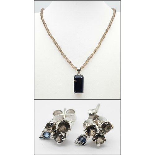 1913 - A Hand-Made Smoky Quartz Necklace, Pendant and Stud Earrings Set Made. 50ctw. W-16g. Ref: HV-2186