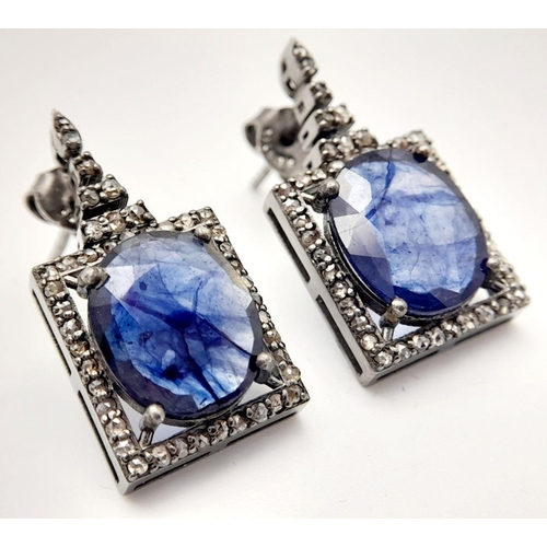 1941 - A Sterling Silver Blue Sapphire Silver with Rose cut Diamonds Earrings. Blue sapphire- 7.28 Cts, Dia... 