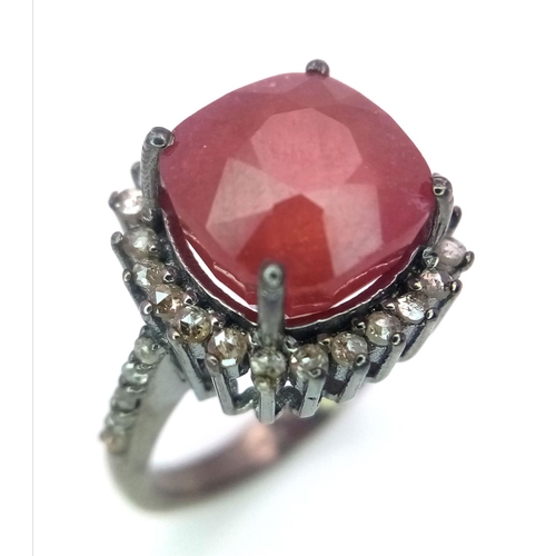 1830 - A 4.75ct Ruby Gemstone Ring with 0.80ctw of Diamond Accents. Set in 925 Silver. Size M. Ref: CD-1337