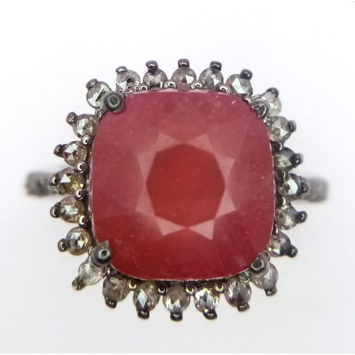 1830 - A 4.75ct Ruby Gemstone Ring with 0.80ctw of Diamond Accents. Set in 925 Silver. Size M. Ref: CD-1337