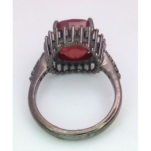 1830 - A 4.75ct Ruby Gemstone Ring with 0.80ctw of Diamond Accents. Set in 925 Silver. Size M. Ref: CD-1337