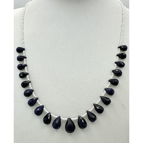 1892 - A Blue Sapphire Drop Necklace with White Bead Accompaniments. 44cm. CD -1350