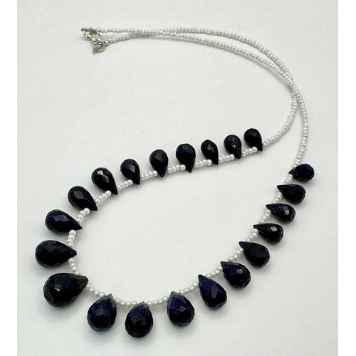 1892 - A Blue Sapphire Drop Necklace with White Bead Accompaniments. 44cm. CD -1350