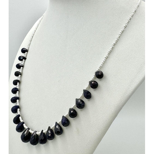 1892 - A Blue Sapphire Drop Necklace with White Bead Accompaniments. 44cm. CD -1350