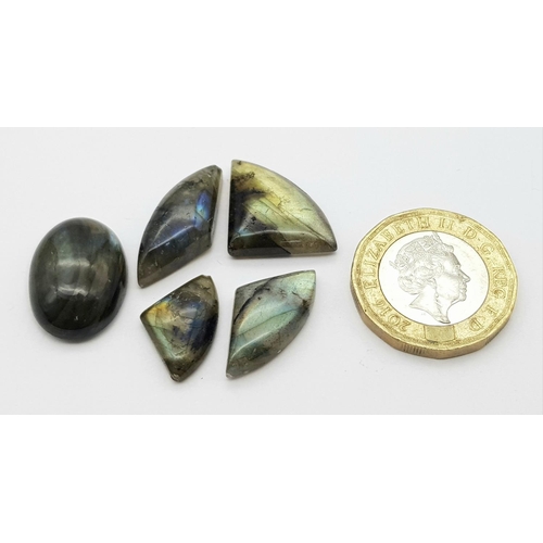 1969 - A Lot of 5 Pcs of 46ct Cabochon Labradorite Gemstones , Mix Shapes.