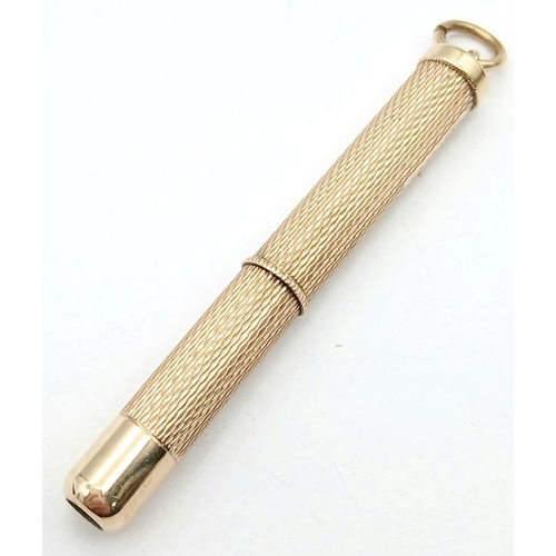 112 - Vintage 9 CARAT GOLD TOOTHPICK. Beautifully patterned with twist action. Full UK hallmark. Condition... 