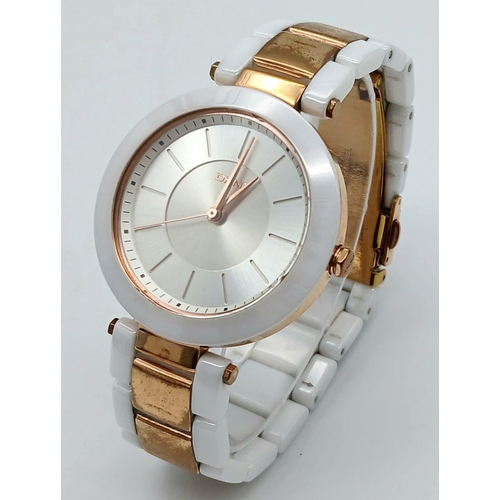 1147 - A Ladies Gold Tone and Ceramic Quartz Watch by DKNY. 36mm Case. New Battery Fitted October 2024.